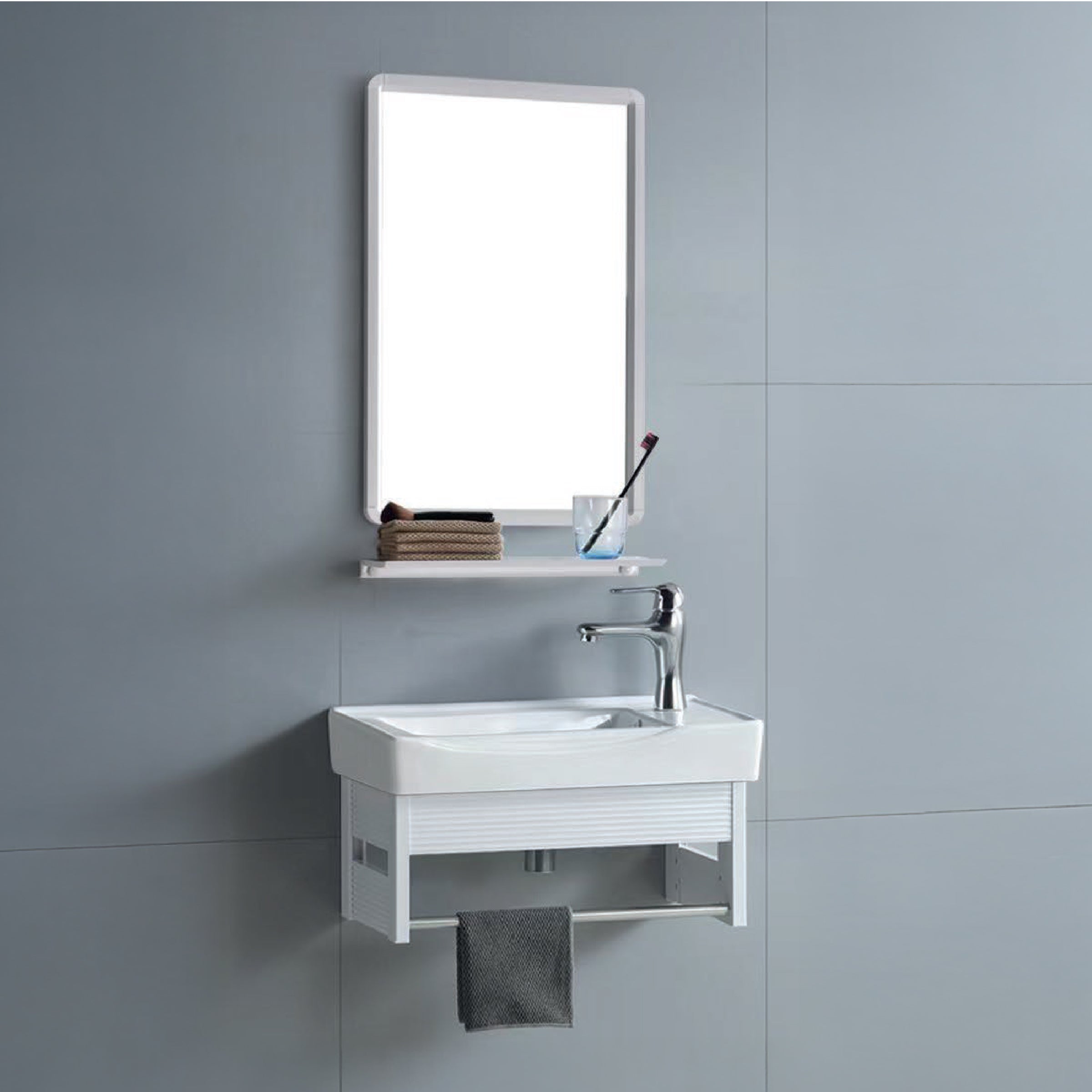 VANITORIO DE ALUMINIO C/REPISA + ESPEJO CUADRADO PS13-5030 BLANCO ECO 50X30CM - FRATELLI